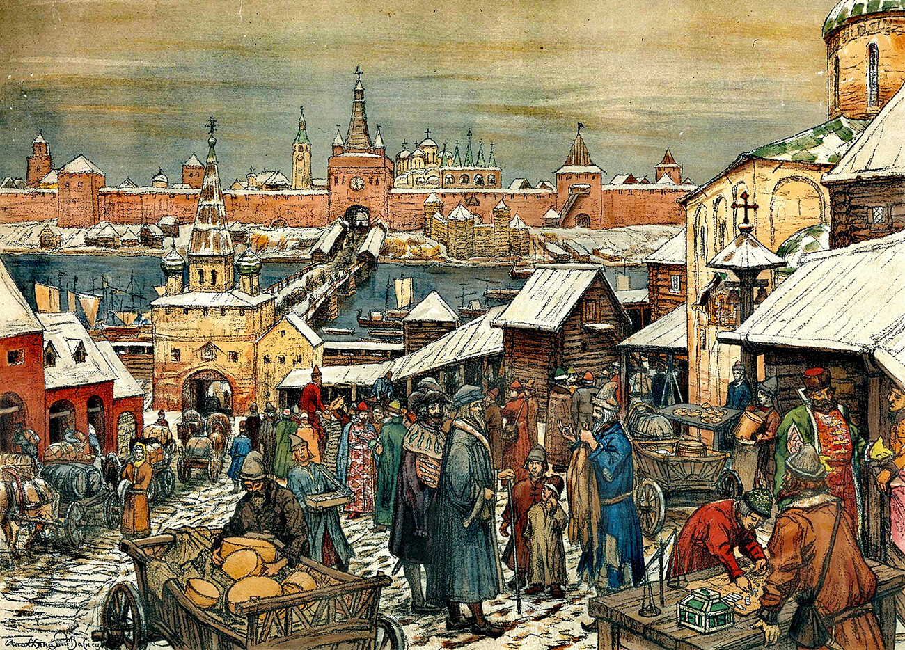 “Il mercato di Novgorod nel XVII secolo”, disegno su carta di Apollinarij Vasnetsov del 1909-10