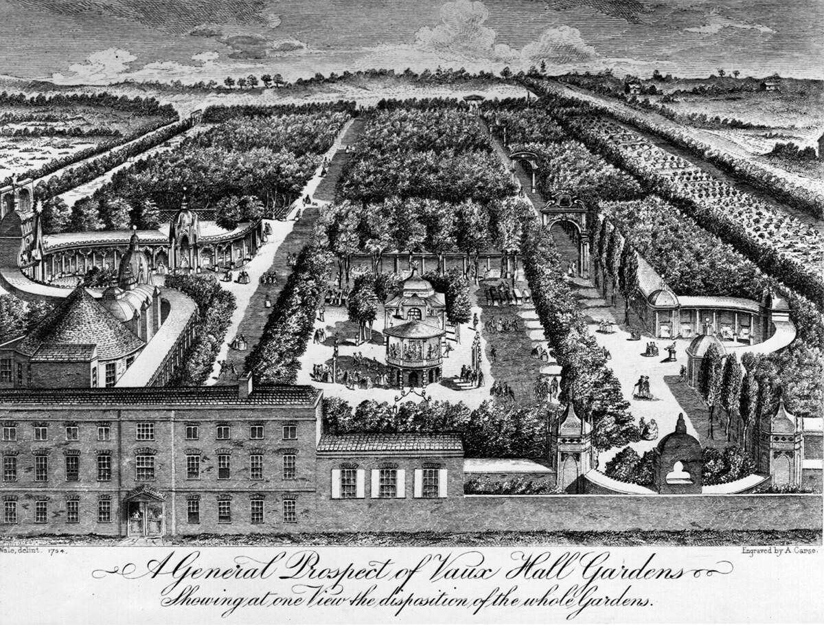 Engraving by A. Carse of Vauxhall Gardens, London, circa 1754