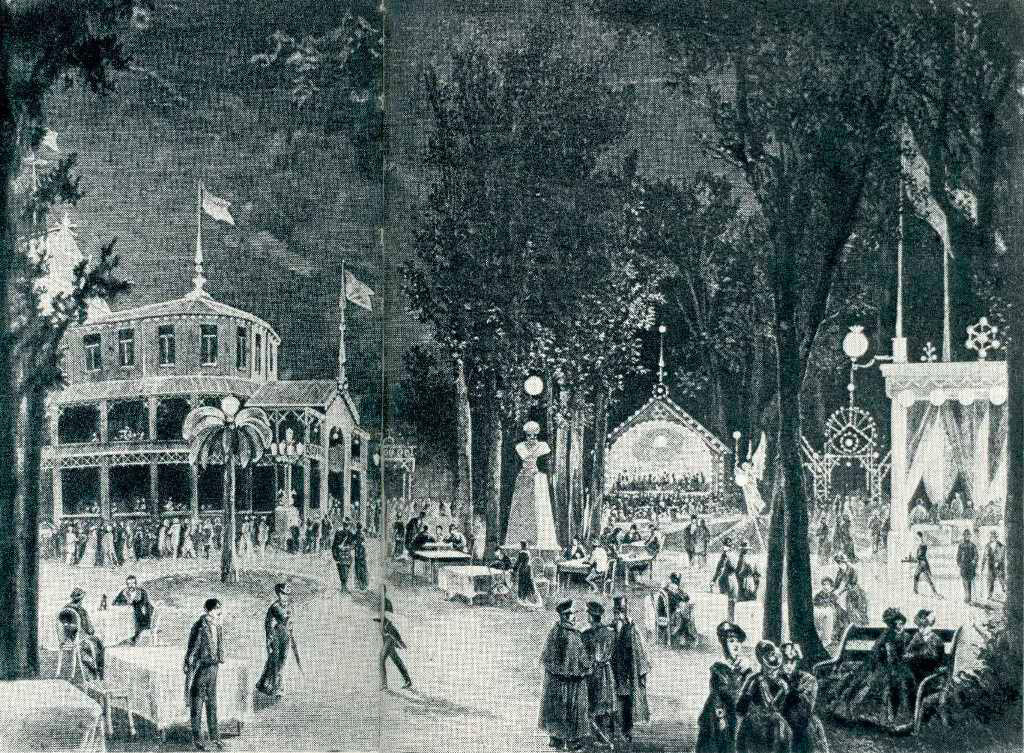 The 'Old Hermitage' public garden in Moscow. A 'vauxhall' pavilion can be seen in the left of the picture. This is approximately what Russian 'vokzals' may have looked like in the 19th century