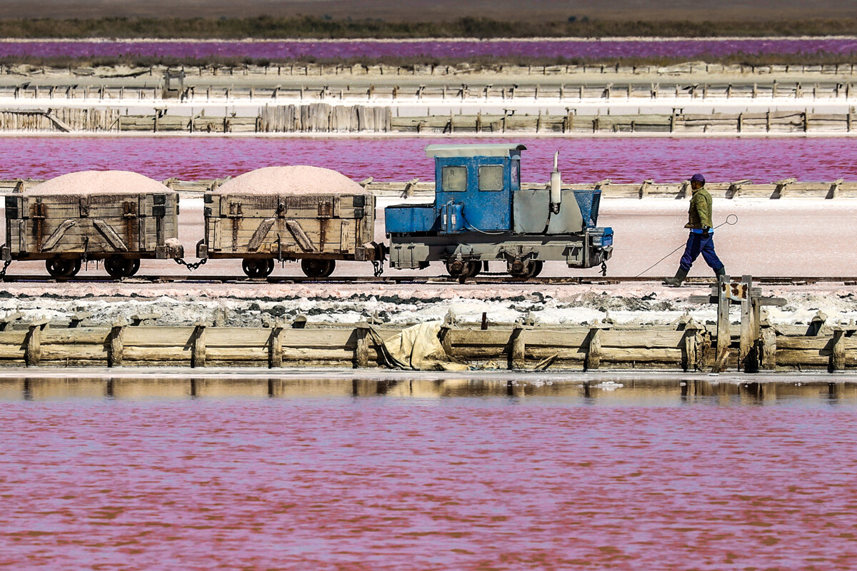Sakskoye Lake in Crimea where pink salt is extracted.