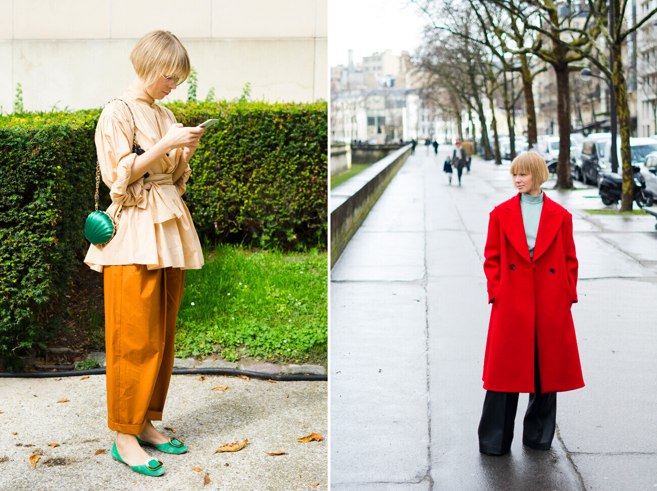 Vika Gazinskaya berfoto di Paris Fashion Week, 2017 (kiri); Vika Gazinskaya mengenakan mantel merah, 2018