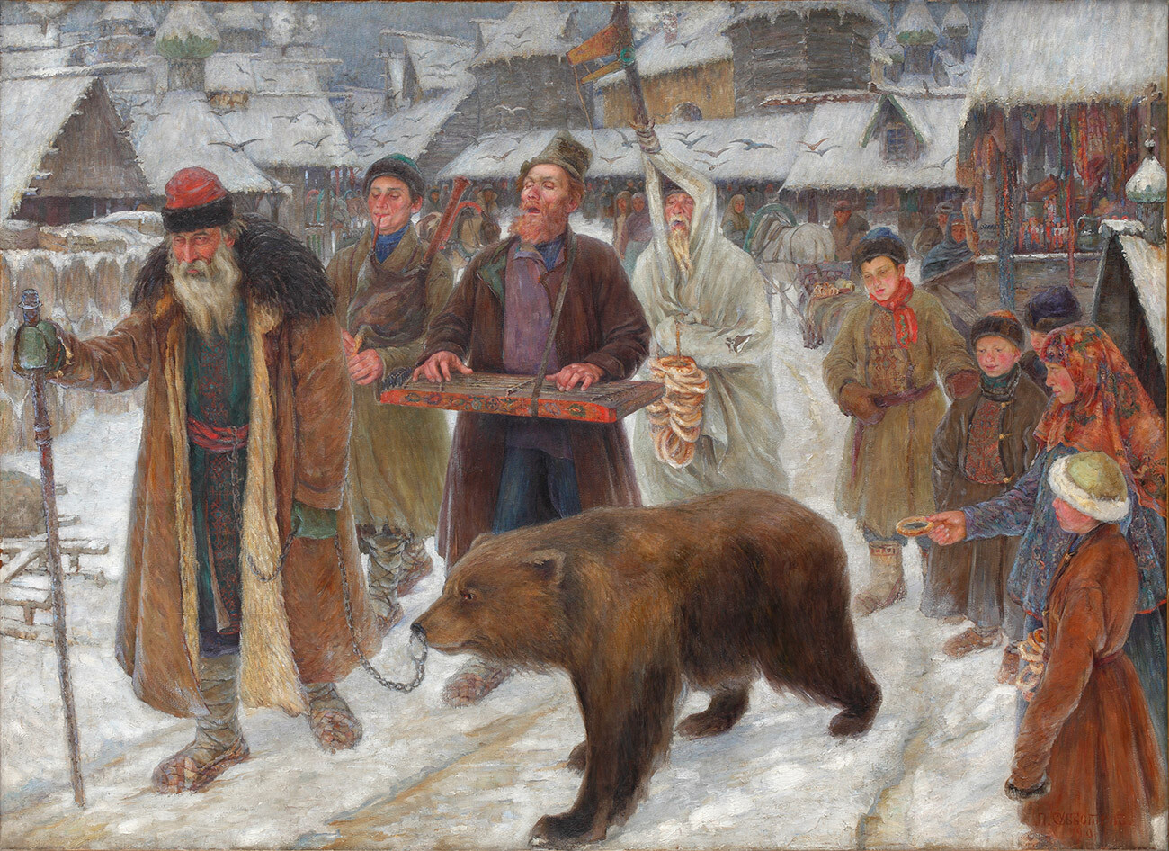 Как в старину называли медведя на руси. Скоморохи с медведем. Медвежья потеха на Руси. Скоморохи в древней Руси. Скоморохи с медведем на Руси.