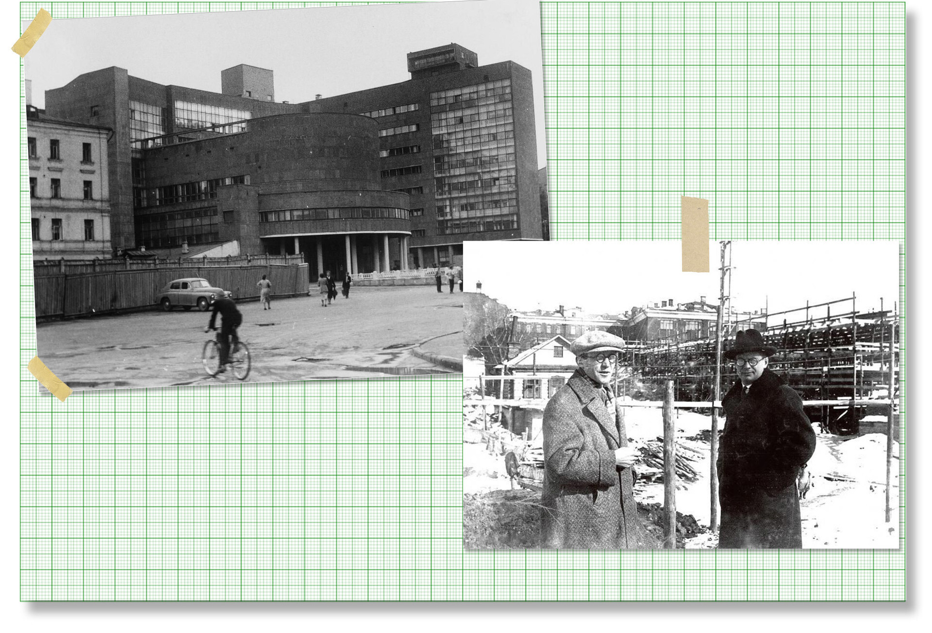 De gauche à droite : le Tsentrosoyouz à Moscou ; Le Corbusier et Nikolaï Kolli sur le chantier du Tsentrosoyouz, Moscou, mars 1931.