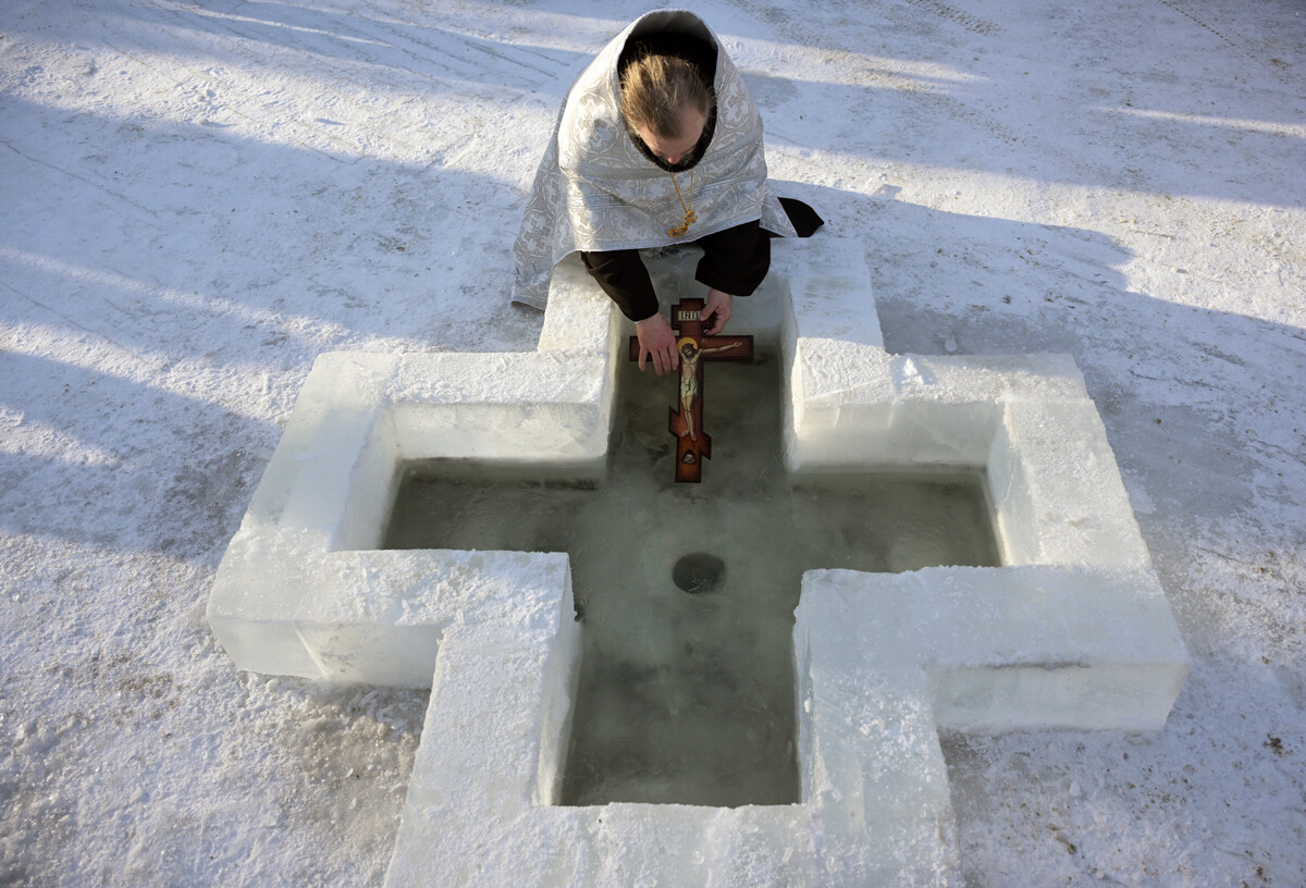 Water being consecrated in Novosibirsk region, Russia