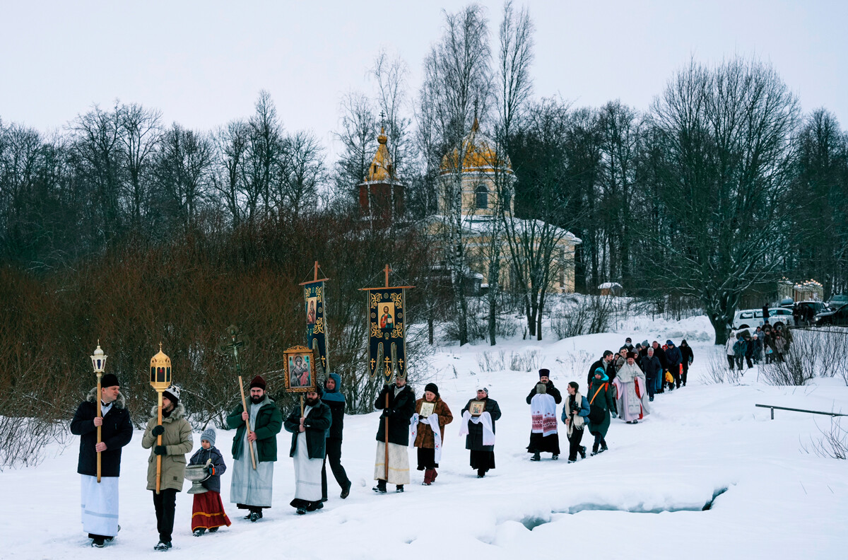 A walk of the cross on Epiphany in Saint Petersburg region, Russia