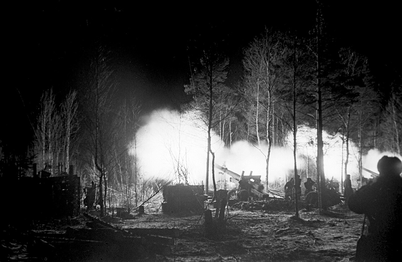 Soviet artillery during the Novgorod-Luga offensive operation (part of the Leningrad-Novgorod Strategic Offensive Operation).