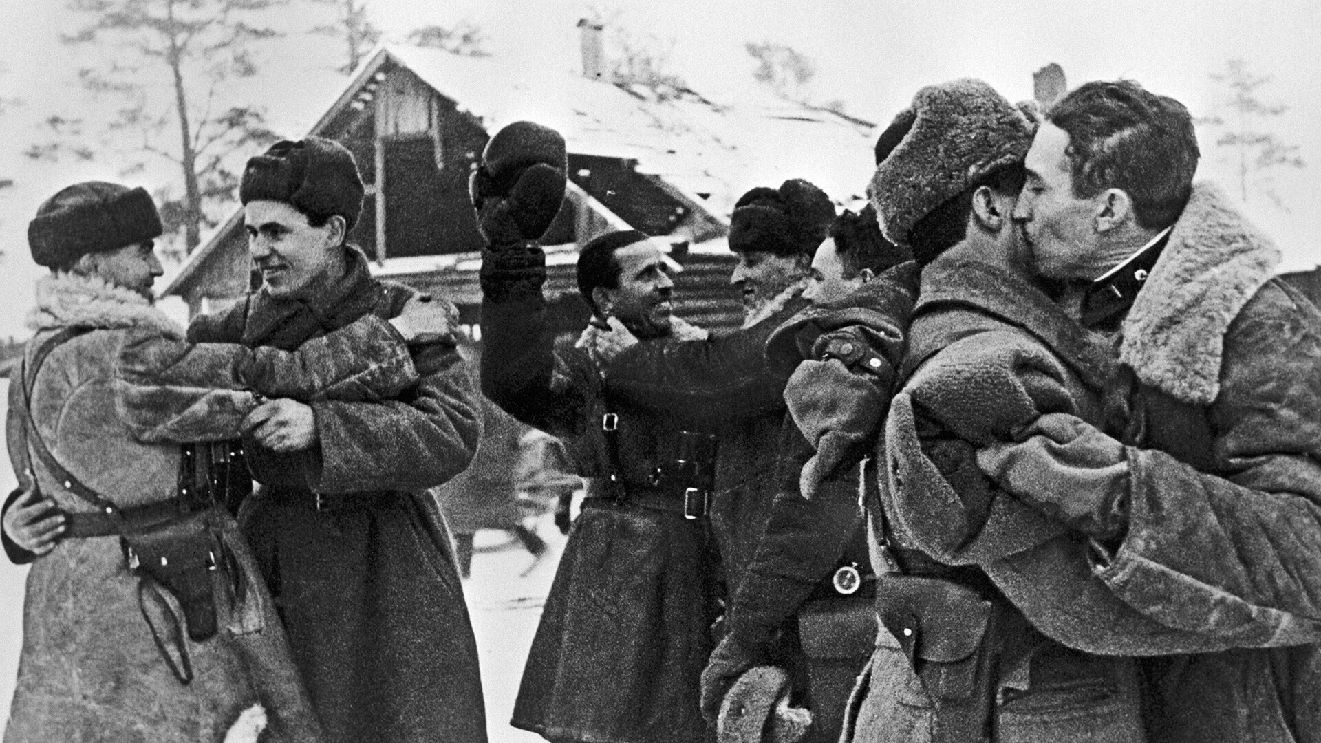 Soldiers of Leningrad and Volkhov Fronts greeting each other after breaking the blockade on Jan. 18, 1943.
