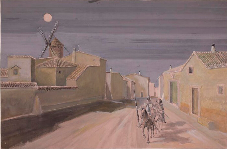Sánchez Alberto. 'Don Quijote y Sancho Panza en la calle en La Mancha', dibujo, 1957.