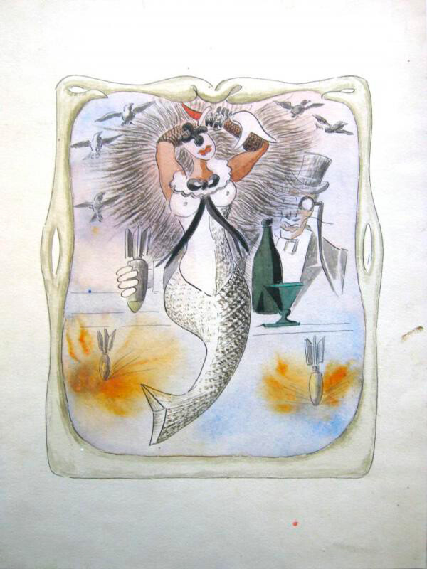 Alberto Sánchez. Boceto de atrezzo. Un panel que representa una sirena. 'El puente del diablo' (Director de la obra: Taírov; estreno: 16 de marzo de 1939). 