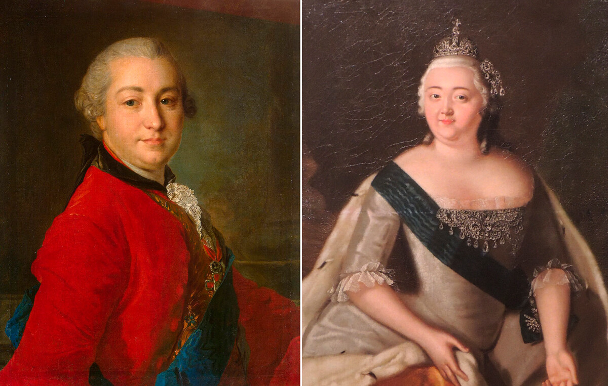 A sinistra: “Ritratto di Ivan Shuvalov” del pittore F. Rokotov, 1760 / A destra: “Ritratto dell’imperatrice Elisabetta”, autore ignoto, 1740