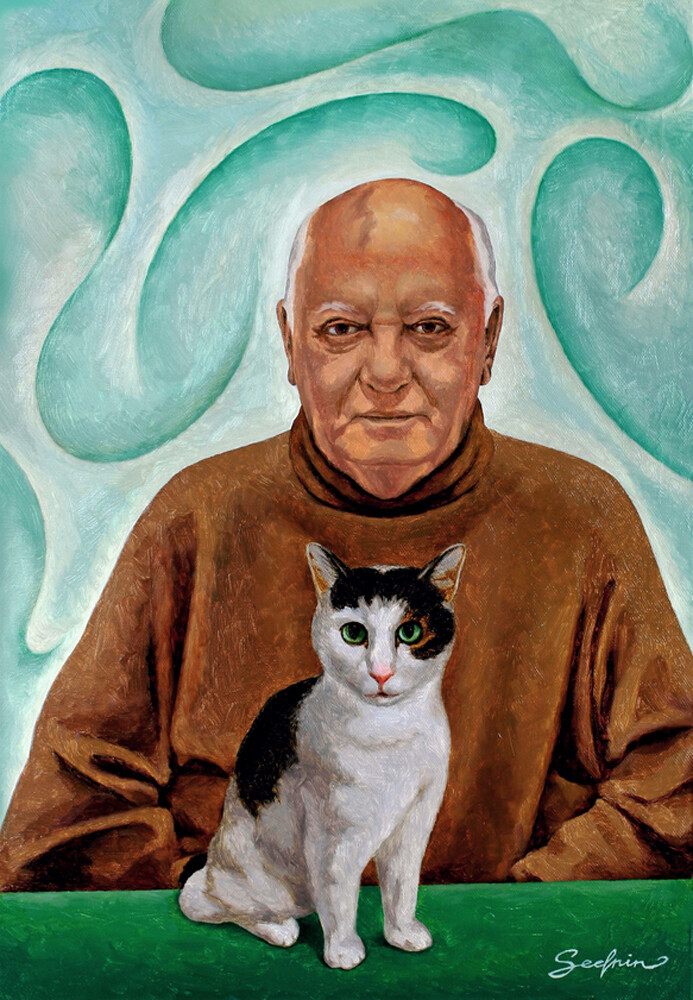 “Mikhail Gorbachev e il suo amato gatto Willie”, dipinto di Nikolaj Sednin, 2018