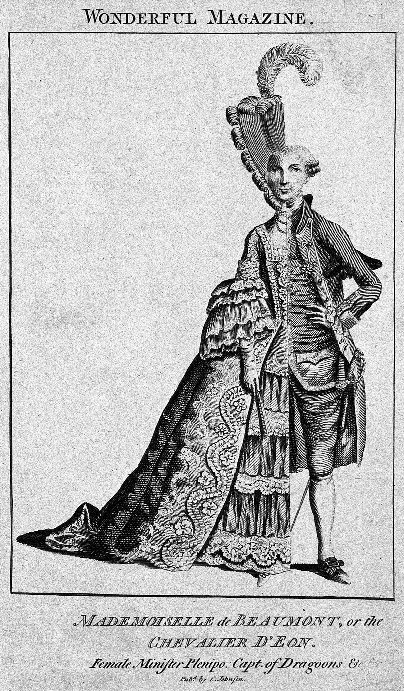 Chevalier d'Éon, alias Charlotte d'Éon de Beaumont, die angeblich das „Testament“ „entdeckt“ hat. Karikatur aus dem „Wonderful Magazine“, 1777