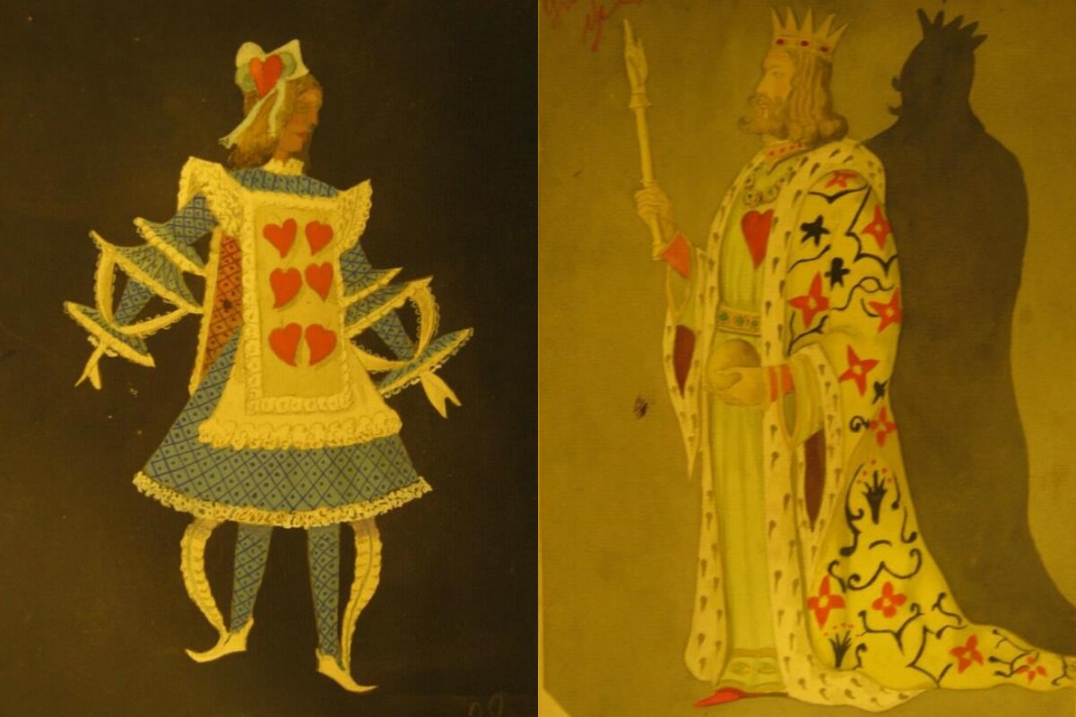 Alberto Sánchez, a sinistra: bozzetto del costume femminile per il personaggio “Sei di cuori”; a destra, bozzetto del secondo costume del personaggio del re, nello spettacolo “Sogno allegro”. Mosca, Teatro Centrale dei Bambini
