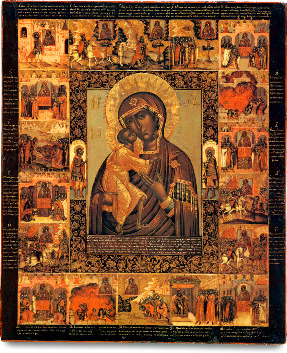 Icono de Fiódorovskaya representado con episodios de su milagroso hallazgo y sus milagros. Kolómenskoe, Moscú, siglo XVIII