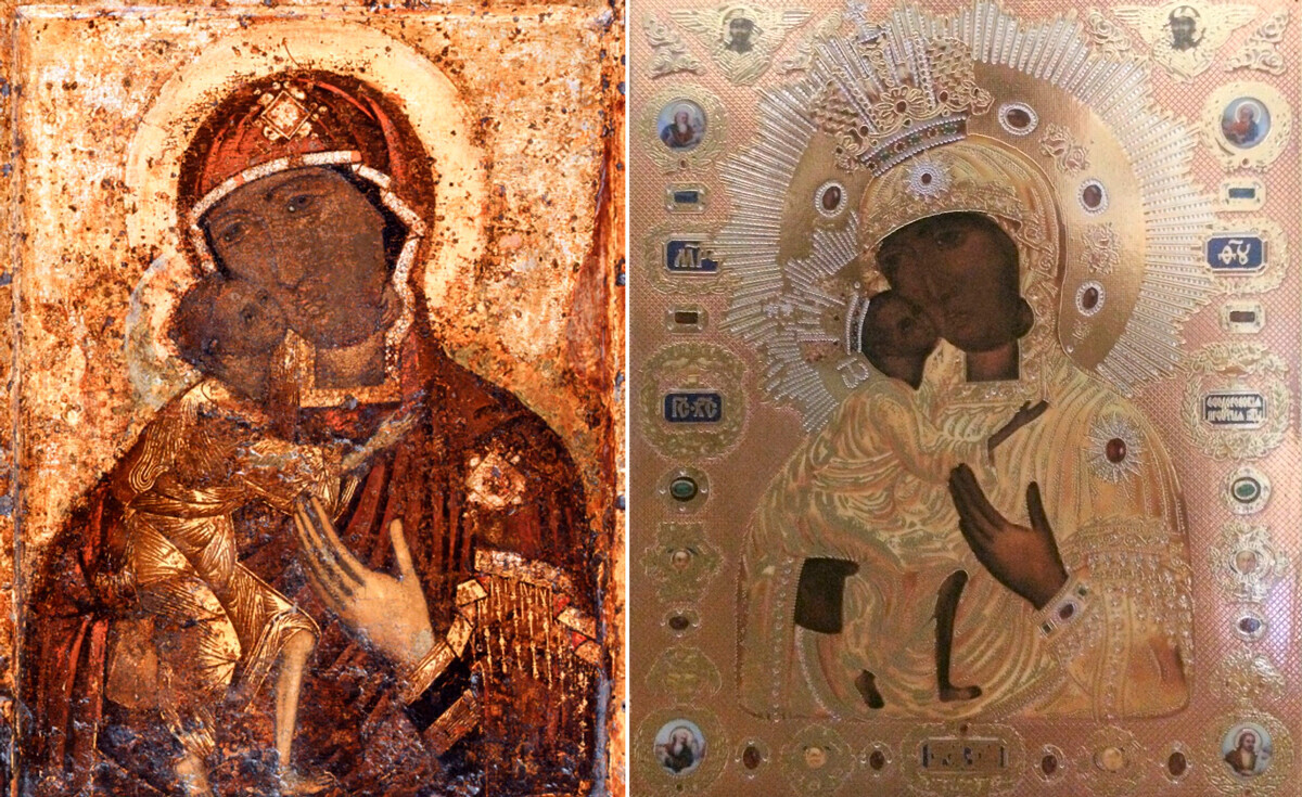 El icono Fíodorovskaya de la Madre de Dios: pintura actual y el icono en una riza (cubierta metálica)
