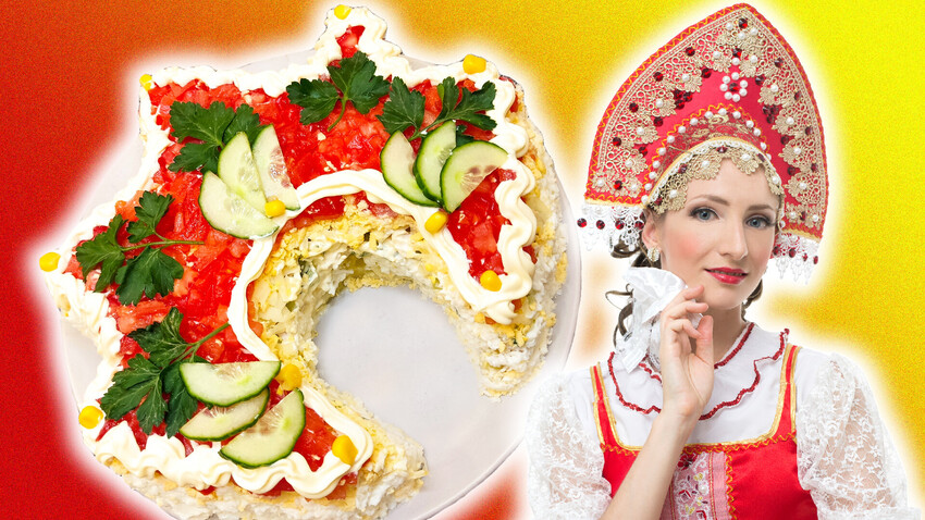 This multi-layered salad in the form of a traditional Russian woman’s headdress will add Slavic charm to your festive table.