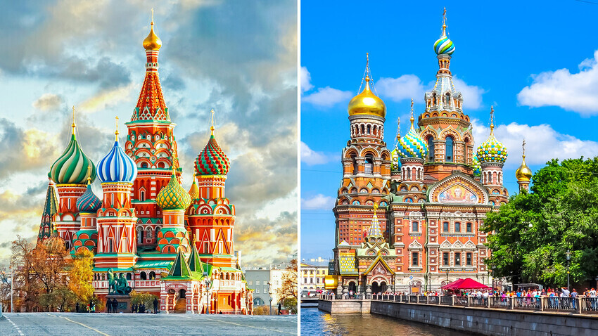 Лево храмот „Св. Василиј Блажени“ во Москва, десно „Спас на Крвта“ во Санкт Петербург