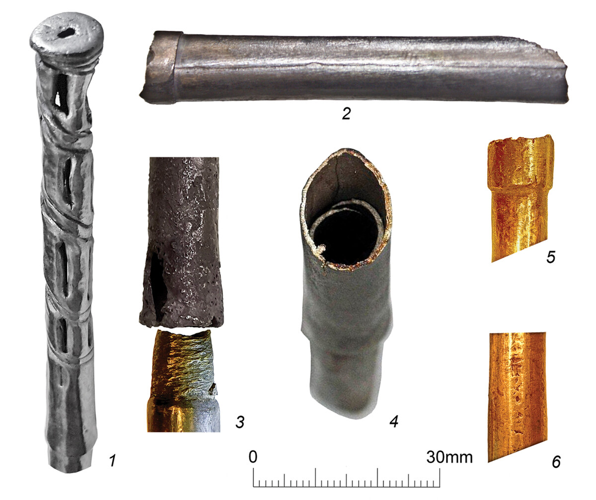 he design of the ‘sceptre’ components from the Maikop kurgan: 1) one of eight silver perforated tips; 2) joint between two segments of the silver tube, and longitudinal seam; 3–5) types of fittings; 6) probable soldered longitudinal 