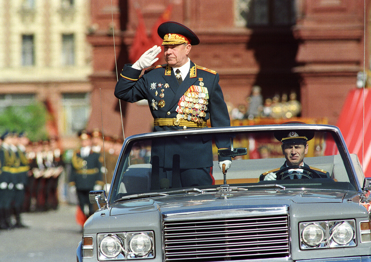 Dmitry Yazov, Minister of Defence of the Soviet Union, reviews troops during a military parade in Moscow's Red Square marking the 45th Anniversary of the Victory over Nazi Germany in World War II, 1990.