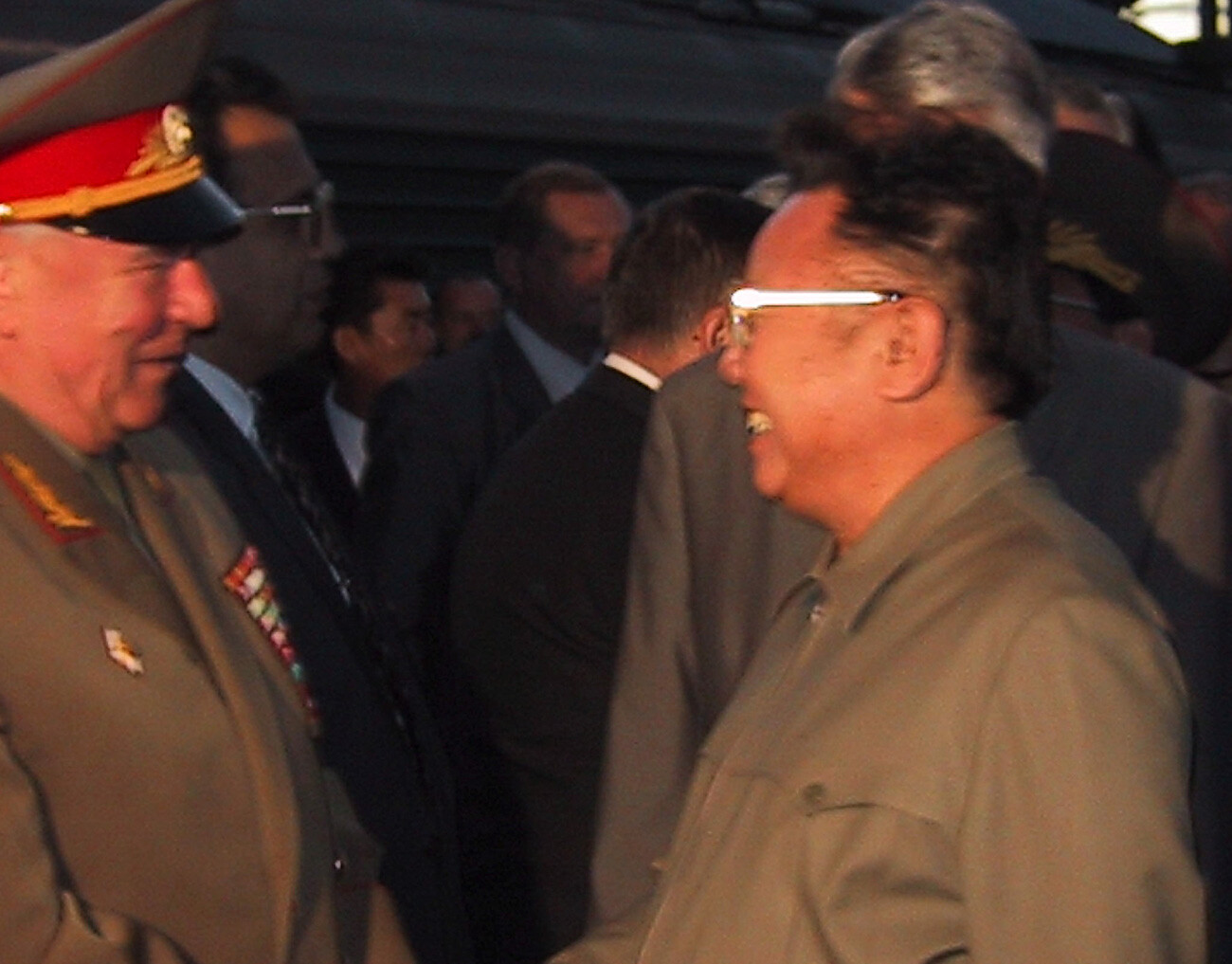 North Korean leader Kim Jong Il (R) greeted by Marshal of the Soviet Union Dmitry Yazov upon his arrival at Moscow's Yaroslavsky railway station.