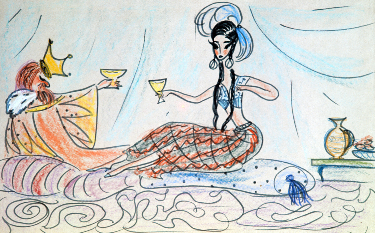 Репродукция на рисунката „Додон пирува с шамаханската царица“. Илюстрация към приказката от А.С. Пушкин 