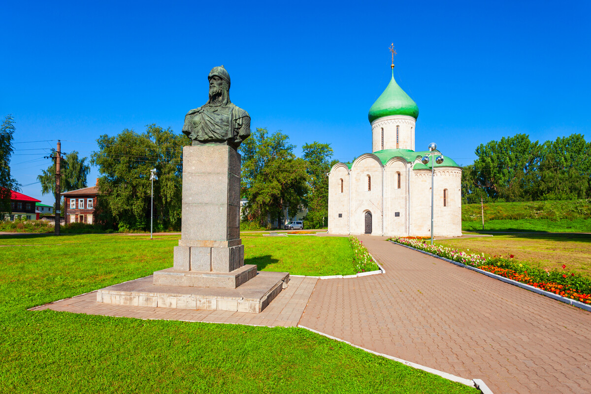 The 12th century Transfiguration Cathedral and the monument to Alexander Nevsky