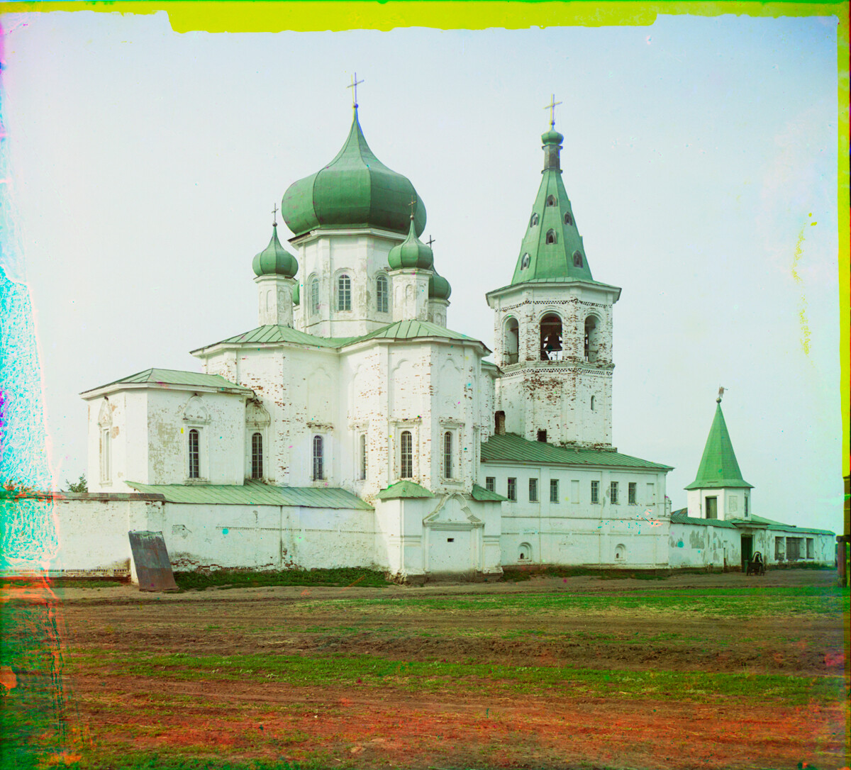 Tyumen. Trinity Monastery, Church of Sts. Peter and Paul, bell tower, south gate (1726-55). Southwest view. June 1912.