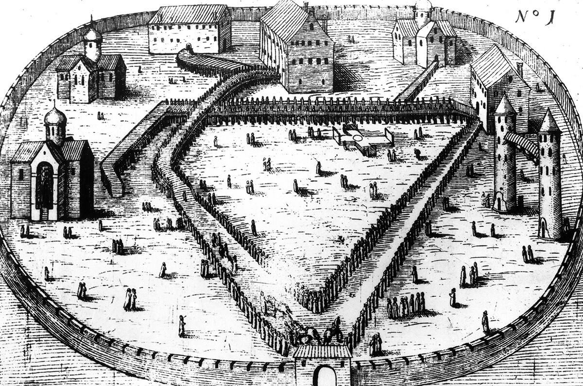 Illustrazione raffigurante il Cremlino di Aleksandrov (o Aleksándrovskaja slobodá), residenza dello zar Ivan il Terribile e capitale effettiva dell’oprichnina dal 1564 al 1581
