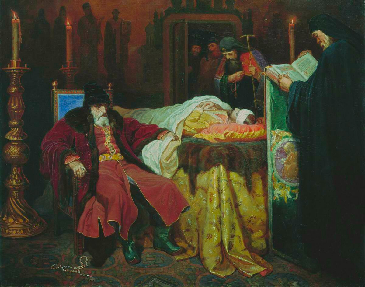 “Ivan il Terribile al capezzale del figlio morente”, dipinto del 1864 del pittore russo Vjacheslav Shvarts