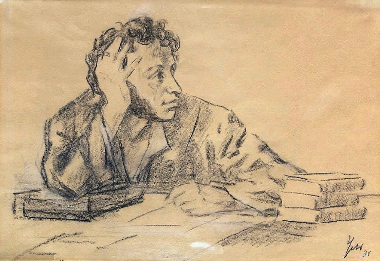 Puškin med delom. 1936. Papir, svinčnik, oglje; umetnik Nikolaj Uljanov
