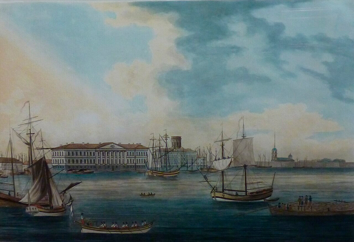 Pogled na nasip na Vasiljevskem otoku v bližini stavbe Akademije znanosti po izvirniku Josepha Hearna iz leta 1789. Thomas Molton mlajši 