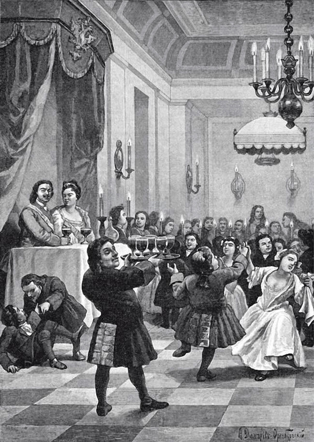 “Il matrimonio dei nani ai tempi di Pietro il Grande”, di Nikolaj Dmitriev-Orenburgskij, XIX secolo. Pietro il Grande e sua moglie Caterina sono riconoscibili sulla sinistra