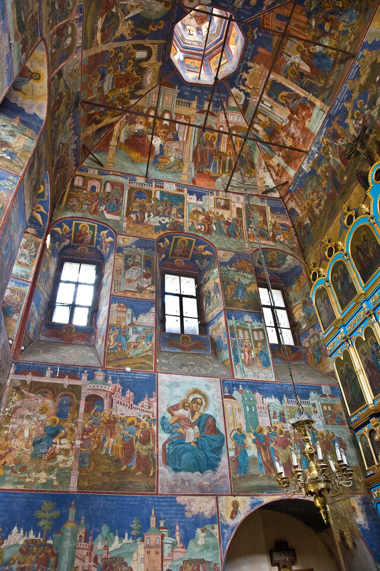 Church of Kazan Icon of the Virgin. North wall with frescoes of icons of the Virgin. August 7, 2009