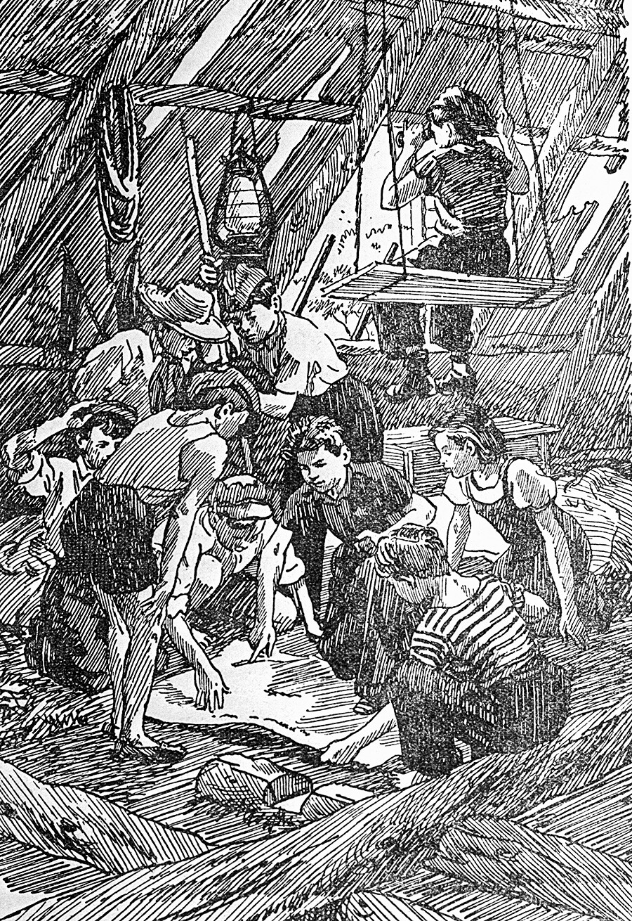 Riproduzione di un’illustrazione per il libro di Arkadij Gaidar “Timur e la sua squadra”