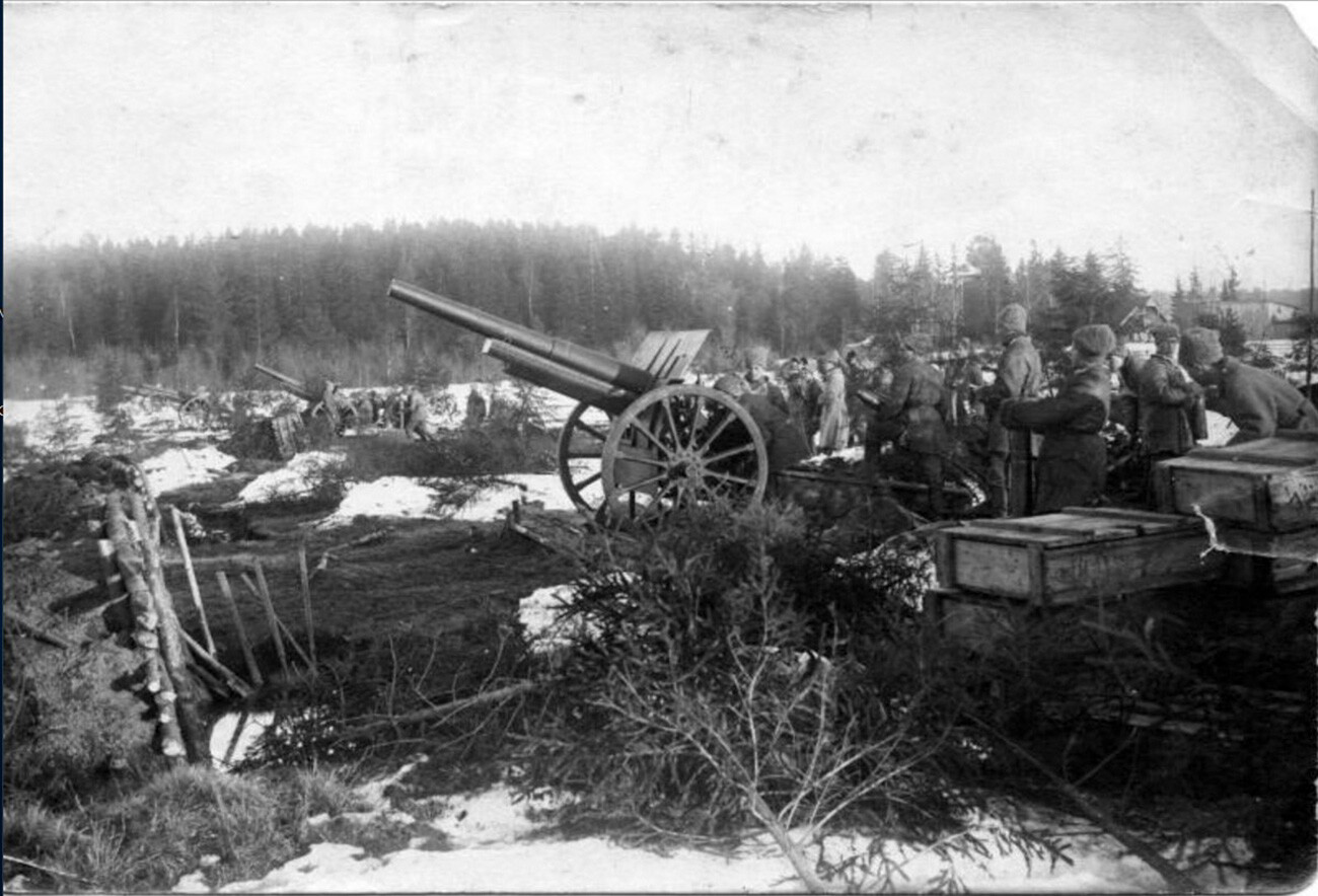 Soviet artillery shells the Kronstadt forts.