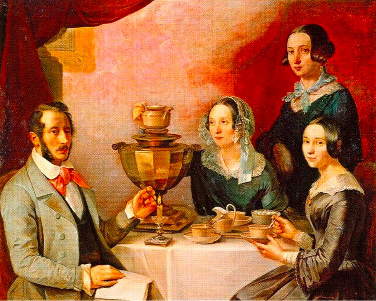 チモフェイ・ミャグコフ『家族のお茶会』1842年。若い女性たちはヴィクトリアンスタイルの髪型をしてる。