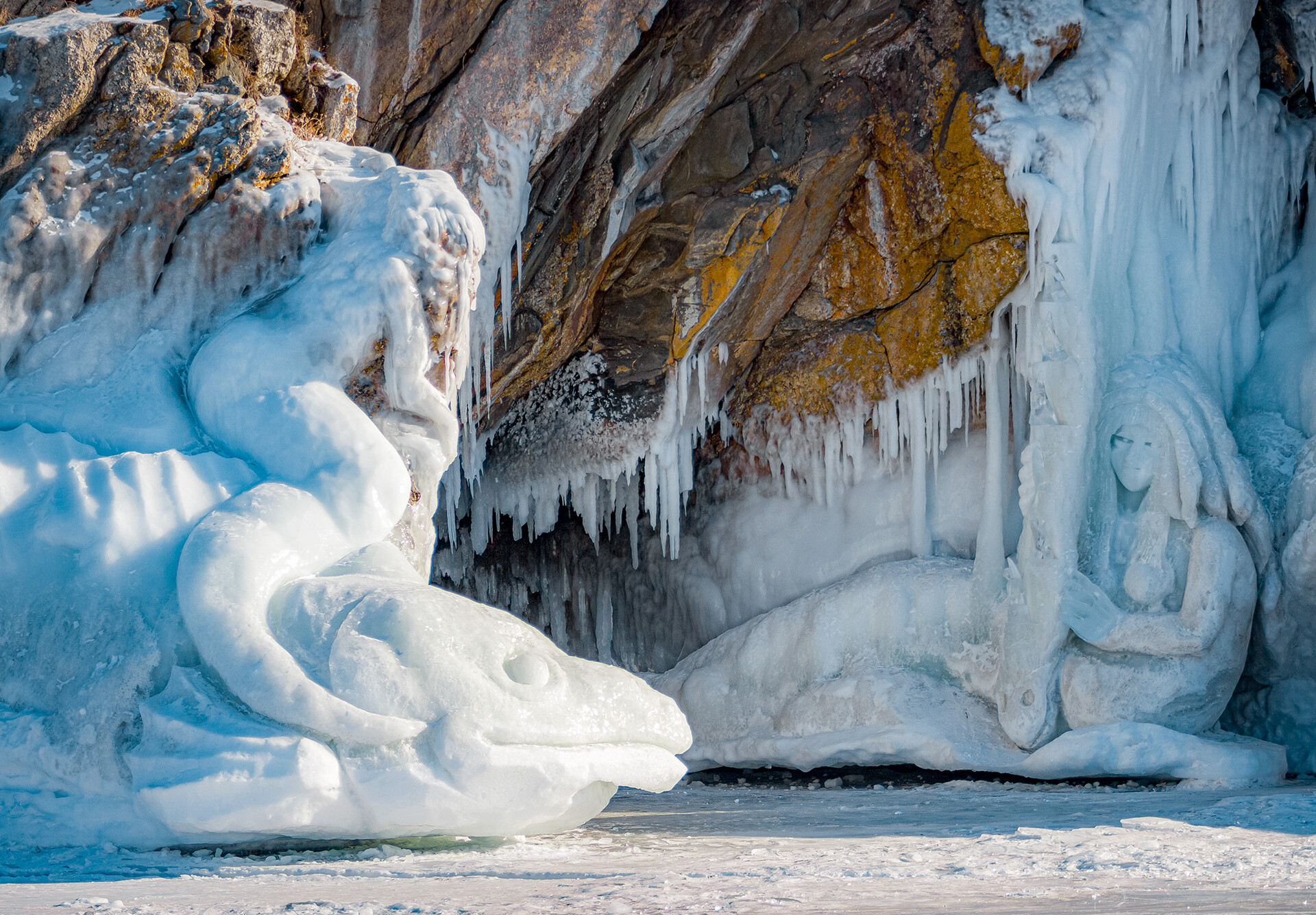 This ice sculpture is about the shaman's snakes.