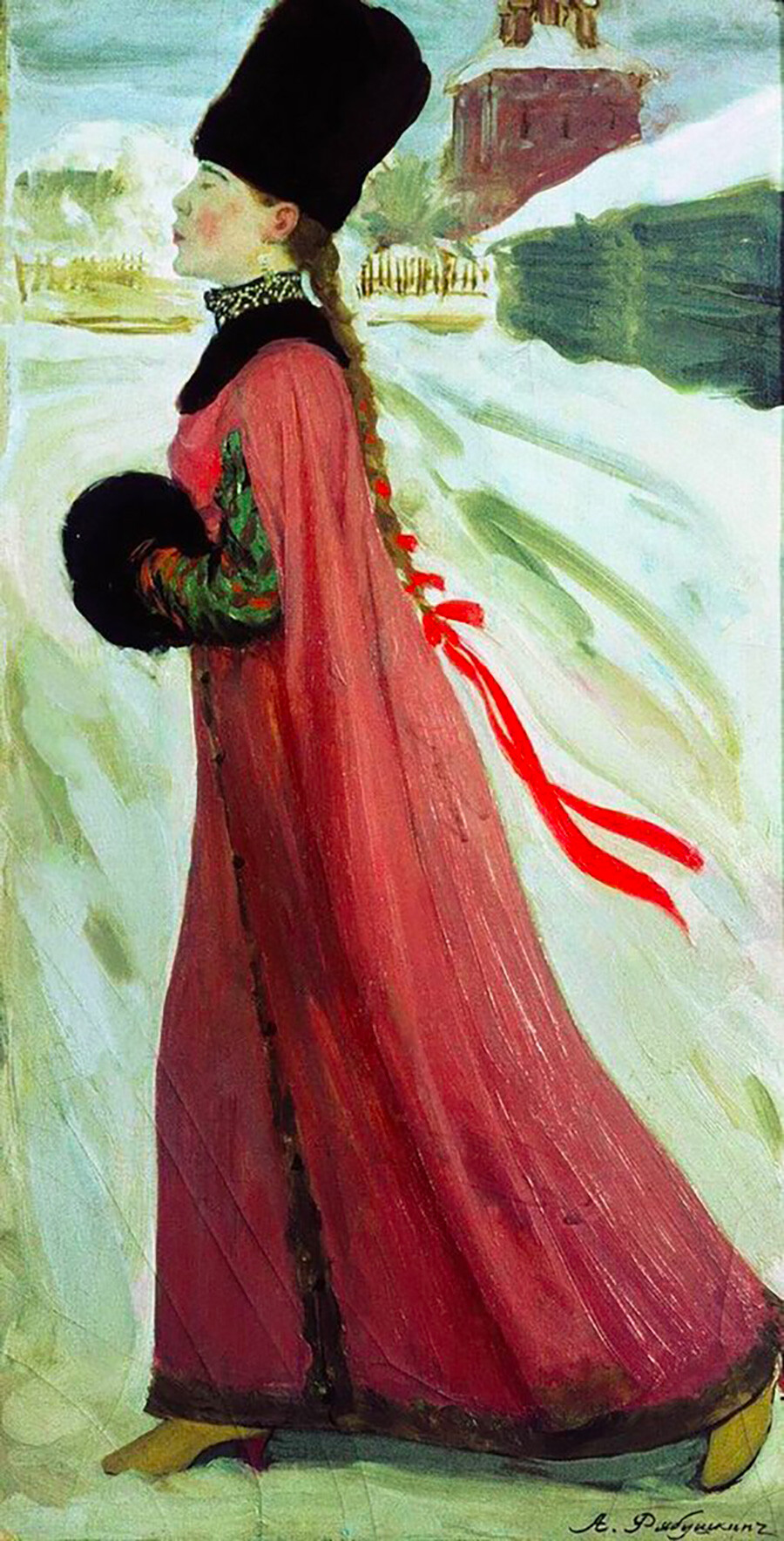 Московская девушка XVII века, художник Рябушкин, Андрей Петрович. Это девушка из богатой семьи – на ней меховая шапка. Она уже помолвлена – хотя она носит одну косу, в косе есть двойная лента, вплетенная с середины.