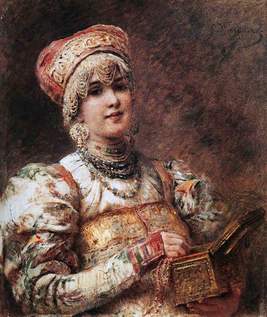 «Боярыня», художник Константин Егорович Маковский. Изображена замужняя знатная женщина, с волосами, полностью убранными под повойник.