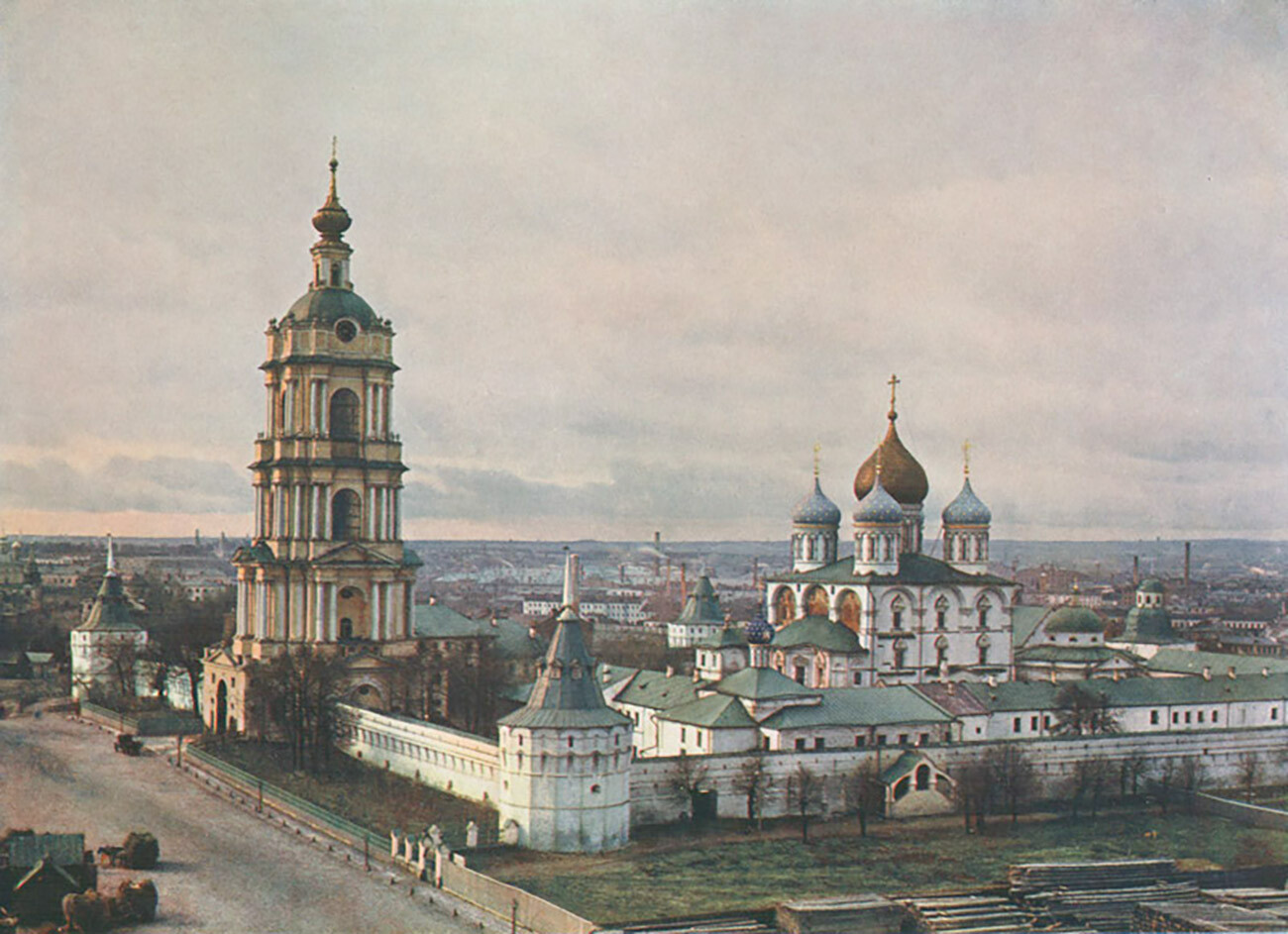 Moscow. Novospassky Monastery. From left: Southeast tower, bell tower, northeast tower, Church of St.Nicholas & east cloisters, Transfiguration Cathedral, Znamenie Church, 1912. Color print published in P.G.Vasenko, Romanov Boyars and the Enthronement of Mikhail Fedorovich (St. Petersburg, 1913).