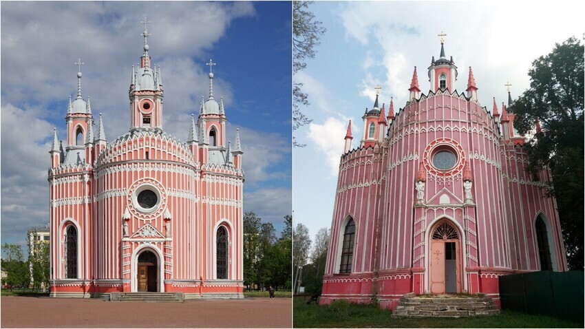 Igreja de Chesme em São Petersburgo (à esquerda) e sua cópia na região de Tver (à direita).