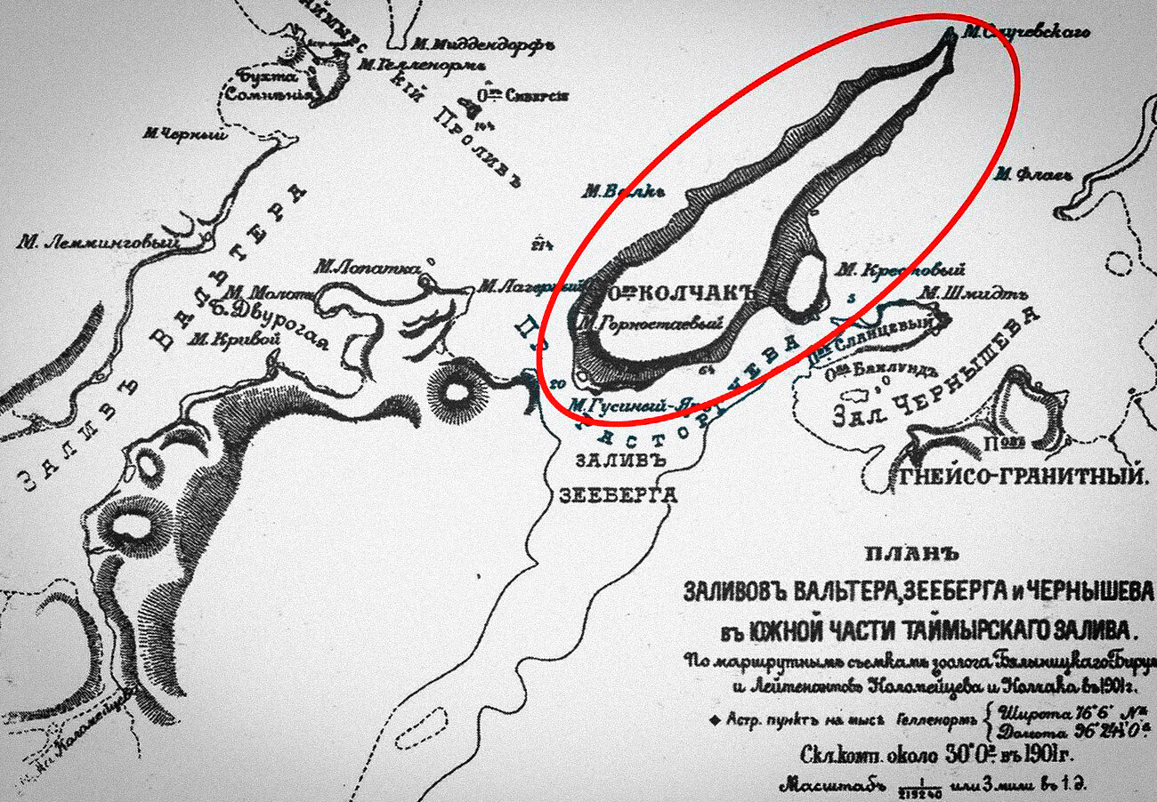Otok Kolčak na zemljevidu južnega dela Tajmirskega zaliva 