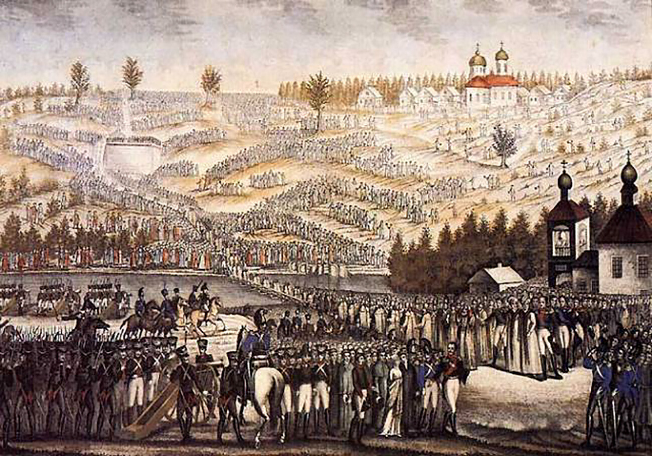 Cerimônia de lançamento da pedra fundamental da Catedral de Cristo Salvador na colina Vorobióvi Góri, 1817. 