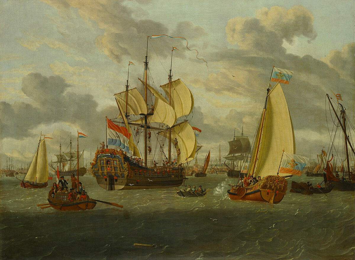 Scuola del pittore Abraham Storck, “Lo zar Pietro il Grande a bordo del suo yacht in rotta verso la fregata Pietro e Paolo”, olio su tela, 72x96 cm, fine XVII-inizio XVIII secolo