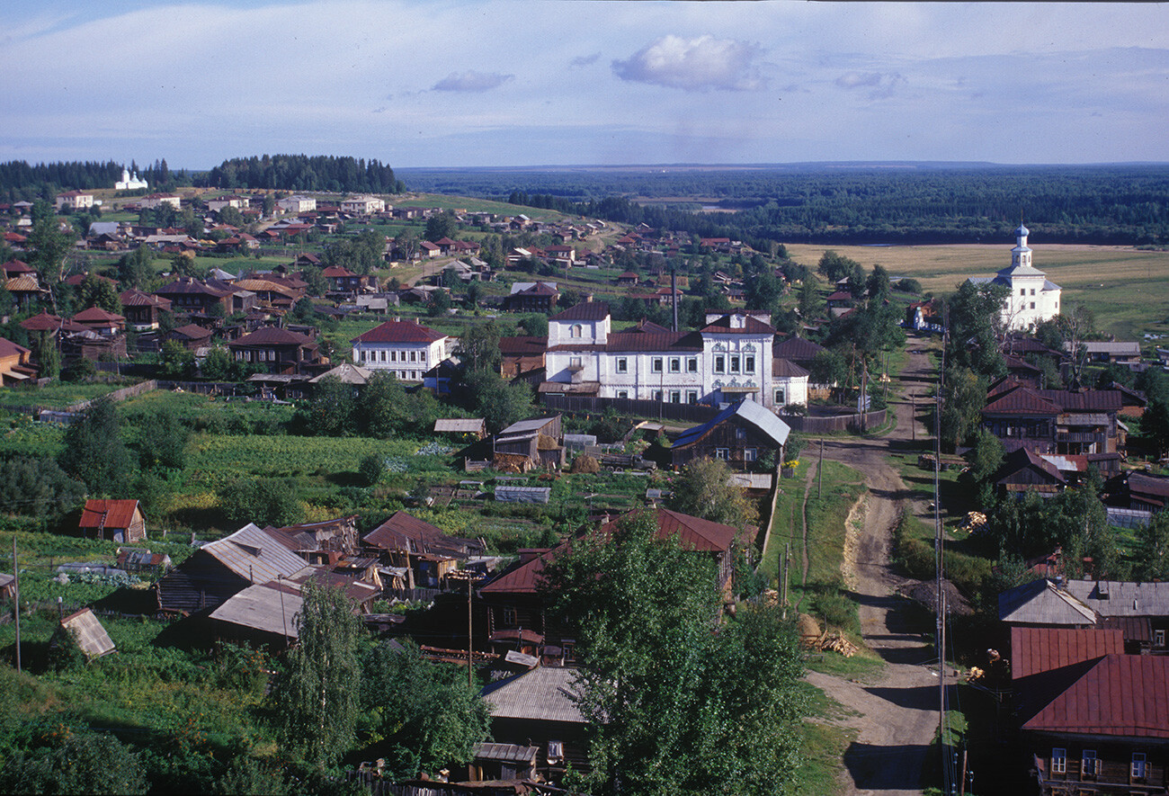  Cherdyn. View north from Resurrection Cathedral bell tower. Churches from left: Church of All Saints; Epiphany Church (1751); Church of St. John the Divine. August 16, 2000