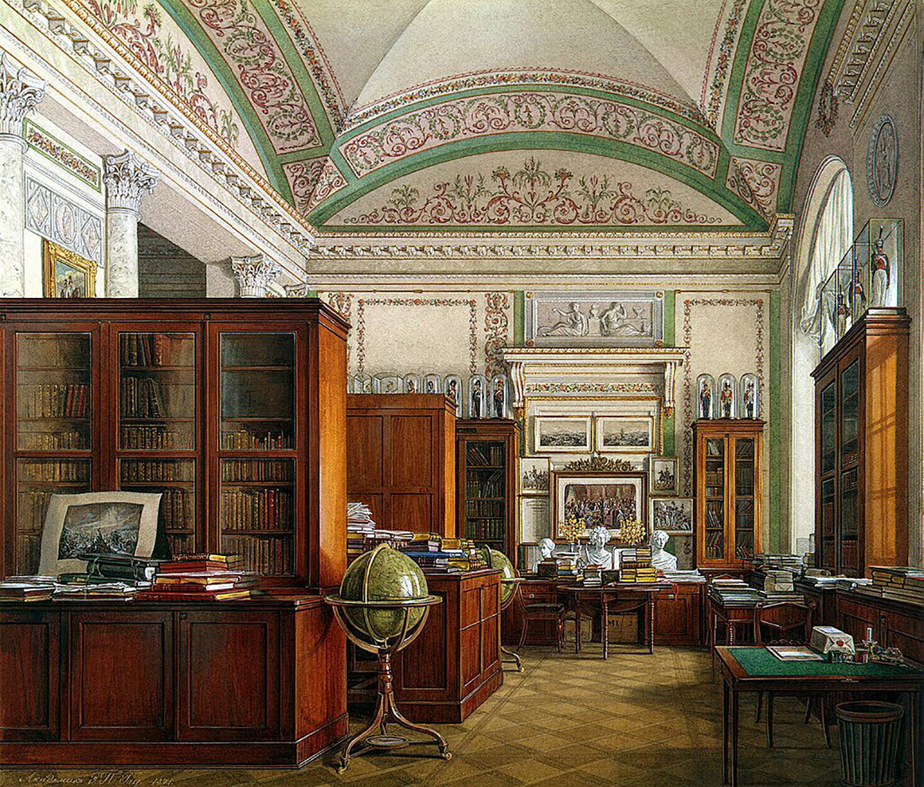 Interiores do Palácio de Inverno. A Biblioteca do Imperador Alexandre 2º, 1871, Aquarela. Eduard Hau.