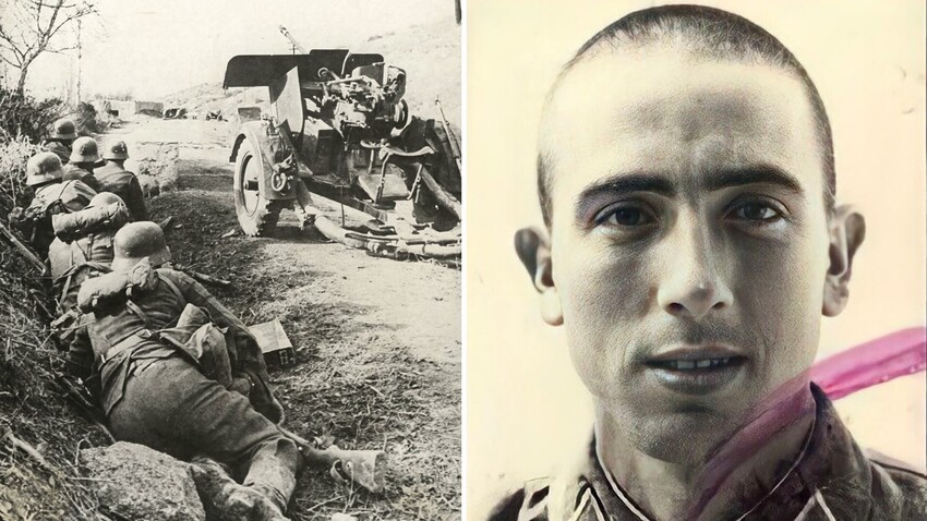 Soldados de la División Azul combatiendo en el Frente Oriental/Foto de carnet de Rubén Ruiz Ibárruri cuando entró como cadete en la Academia Militar Central de Moscú en 1939.