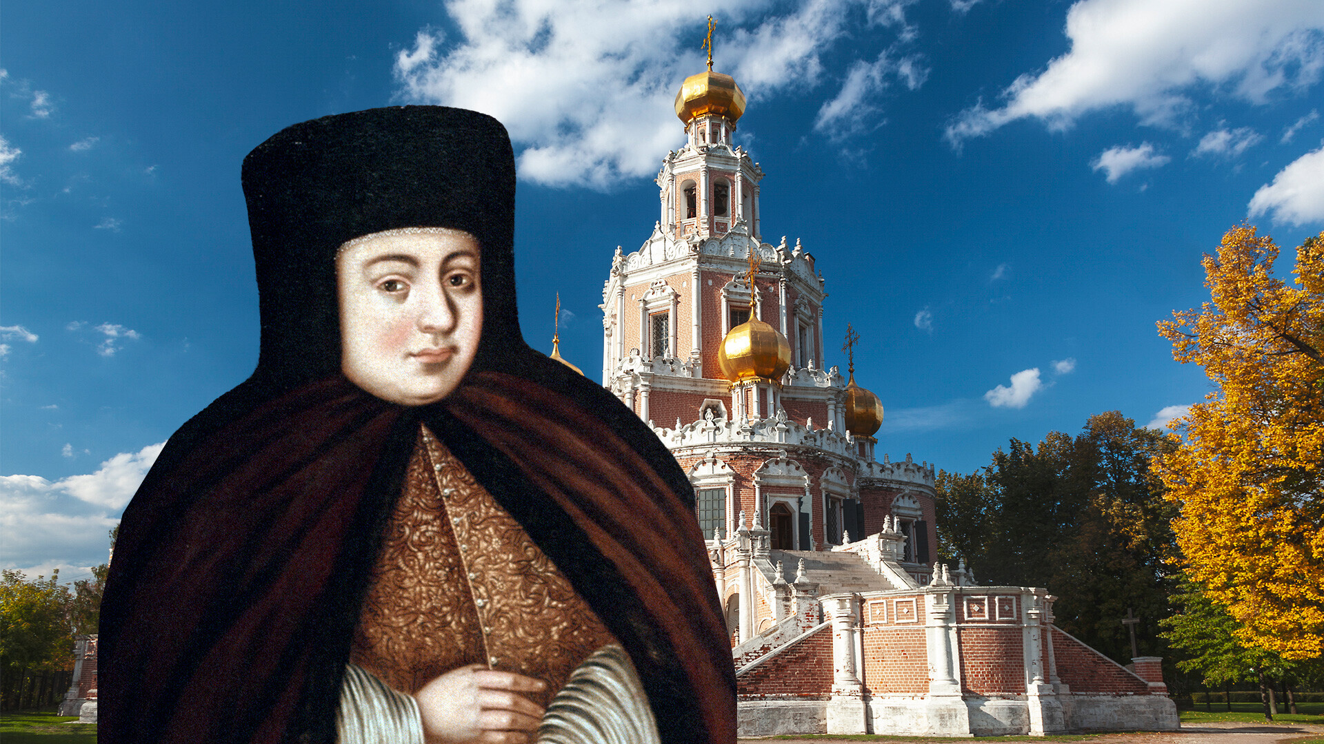 Natália Kirillovna Naríchkina (mãe do imperador Pedro 1º) e a Igreja da Intercessão em Fili, em Moscou.
