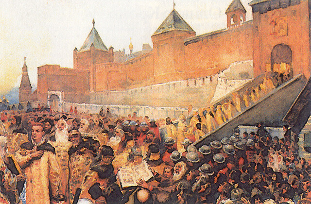 Klavdi Lebedev. Faux Dmitri entrant à Moscou le 20 juin 1605, années 1890