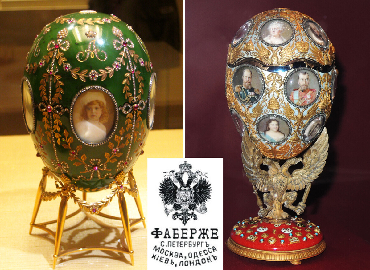Ovo do Palácio de Alexandre e Ovo do Tricentenário dos Romanov, ambos de Fabergé.